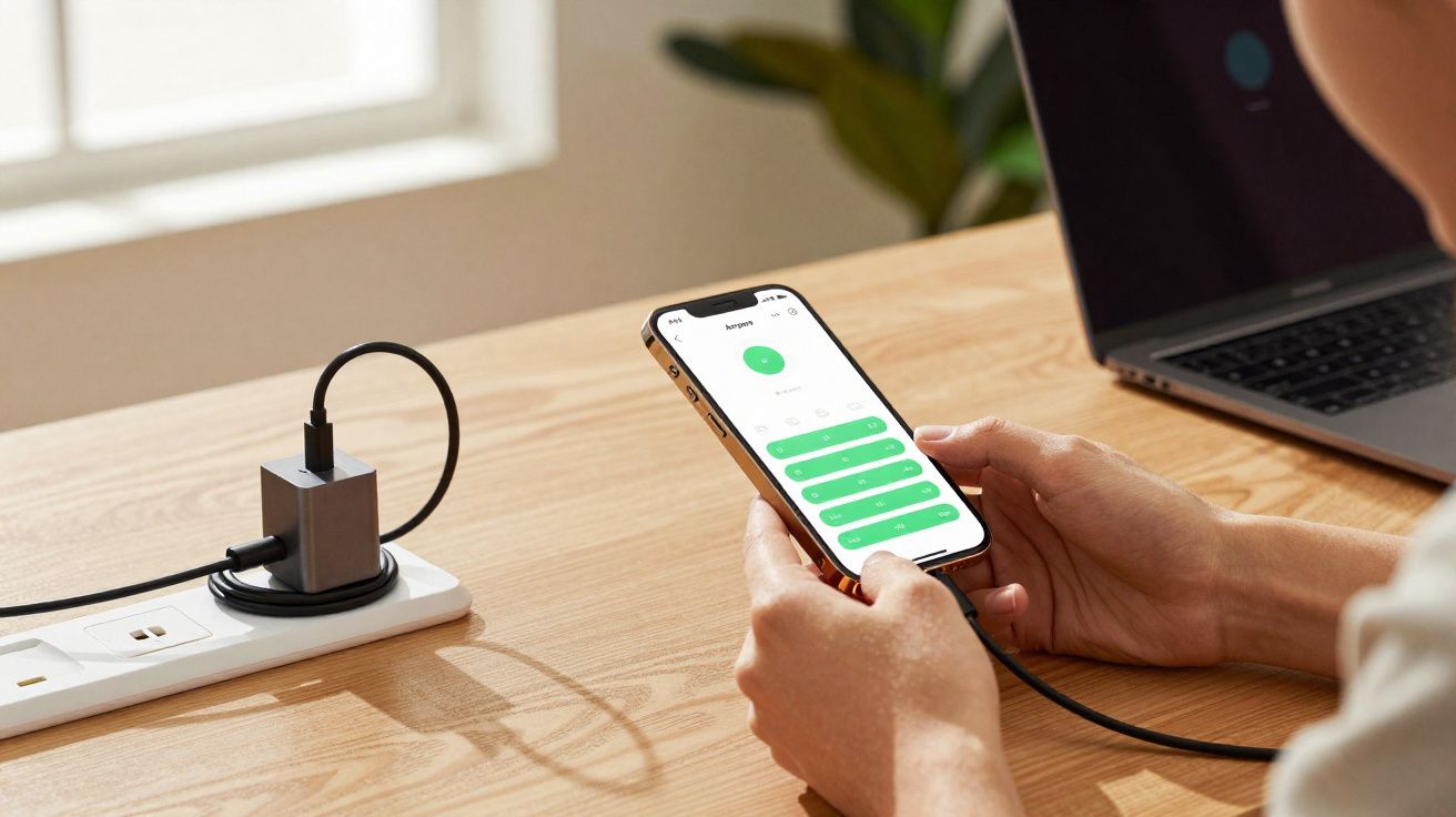 Pessoa segurando smartphone conectado para carregar, com notebook ao fundo sobre mesa de madeira.