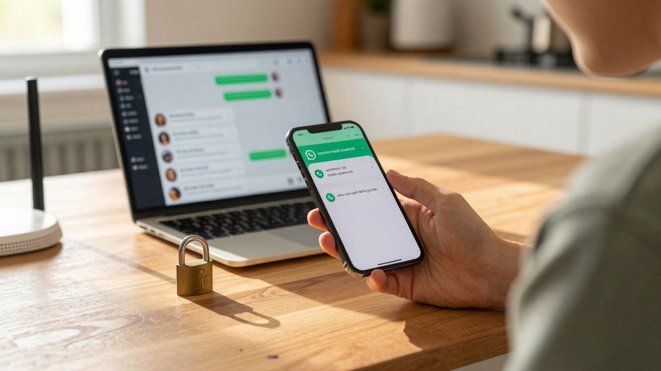 Pessoa segurando smartphone com WhatsApp aberto, laptop e cadeado sobre mesa de madeira.