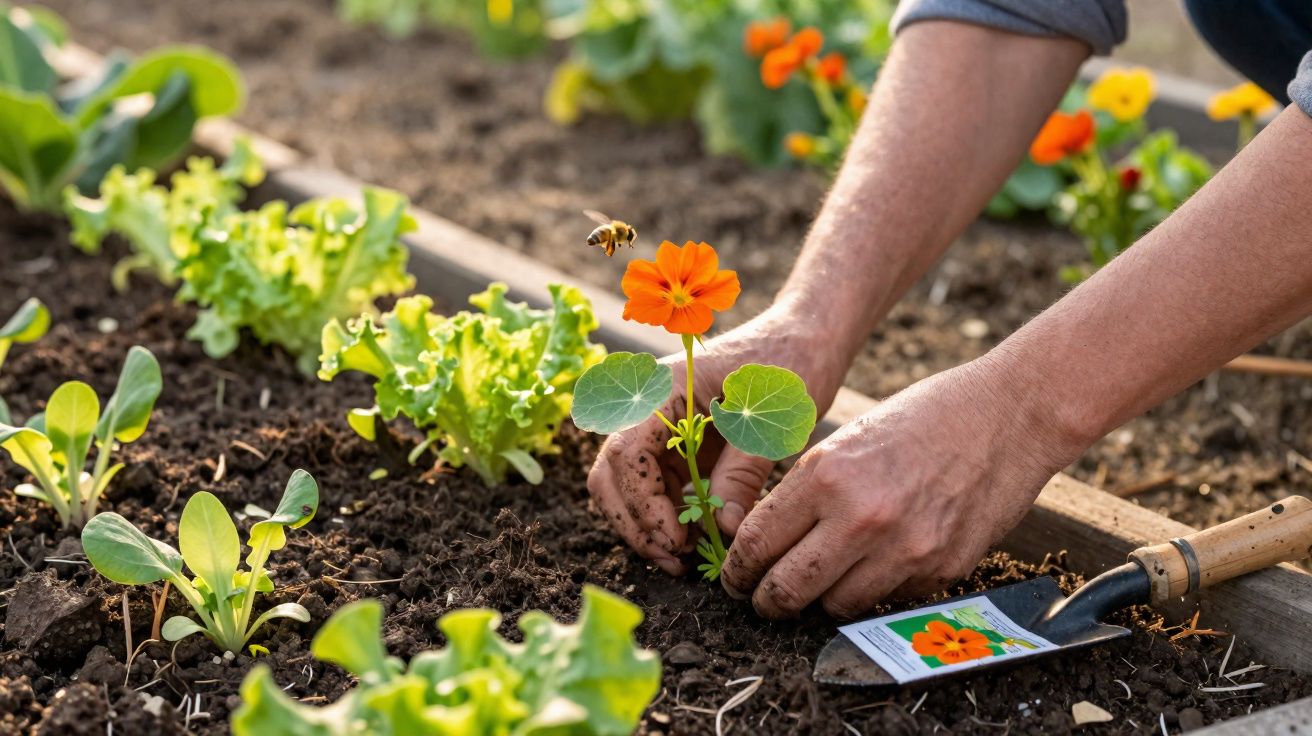Mãos plantando flor laranja em canteiro de terra com outras plantas verdes ao redor.