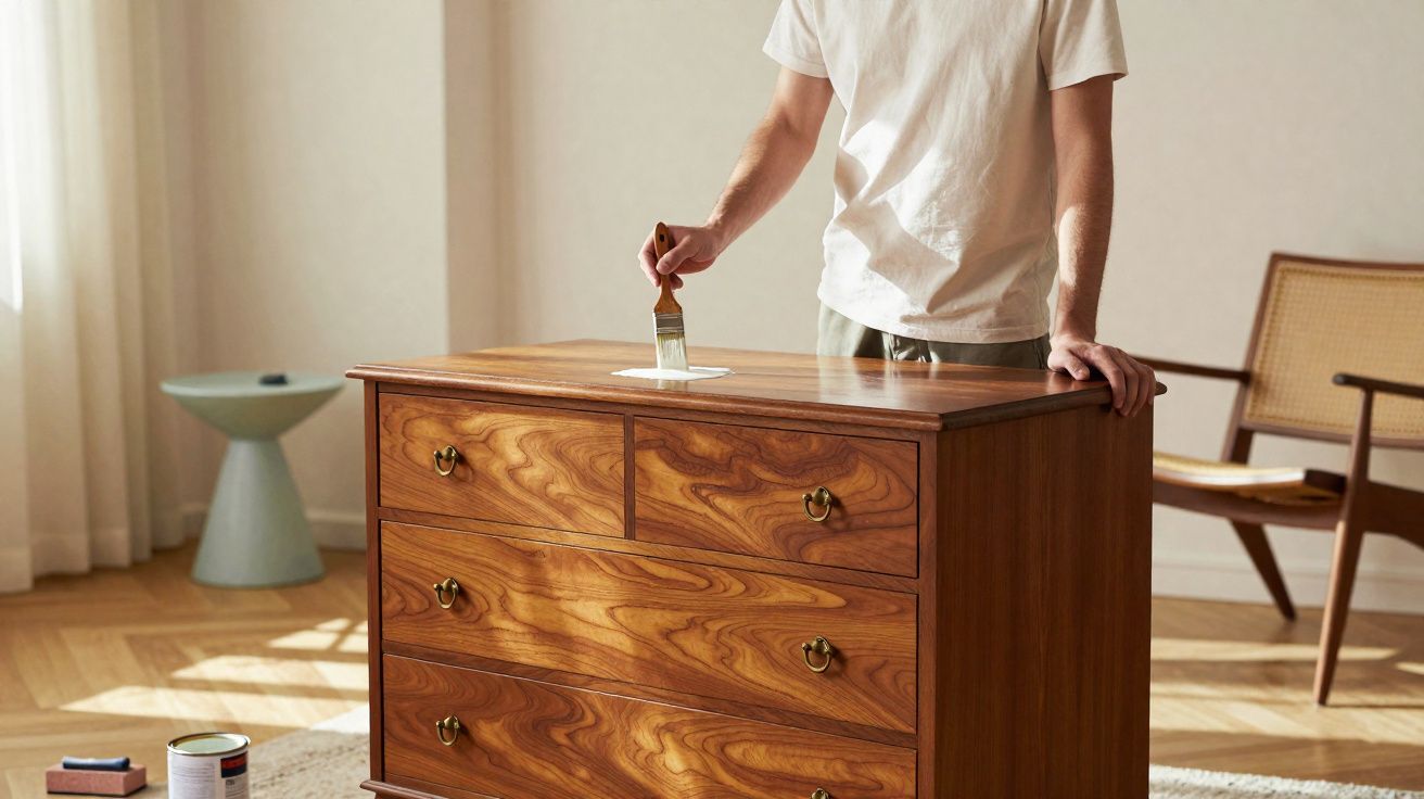 Pessoa pintando a superfície de uma cômoda de madeira em ambiente iluminado e mobiliado.