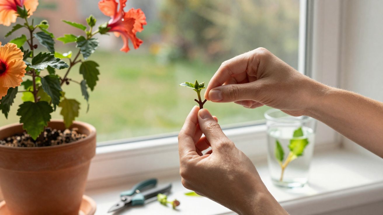 Mãos seguram um pequeno galho para propagação de planta ao lado de vaso com hibisco na janela.