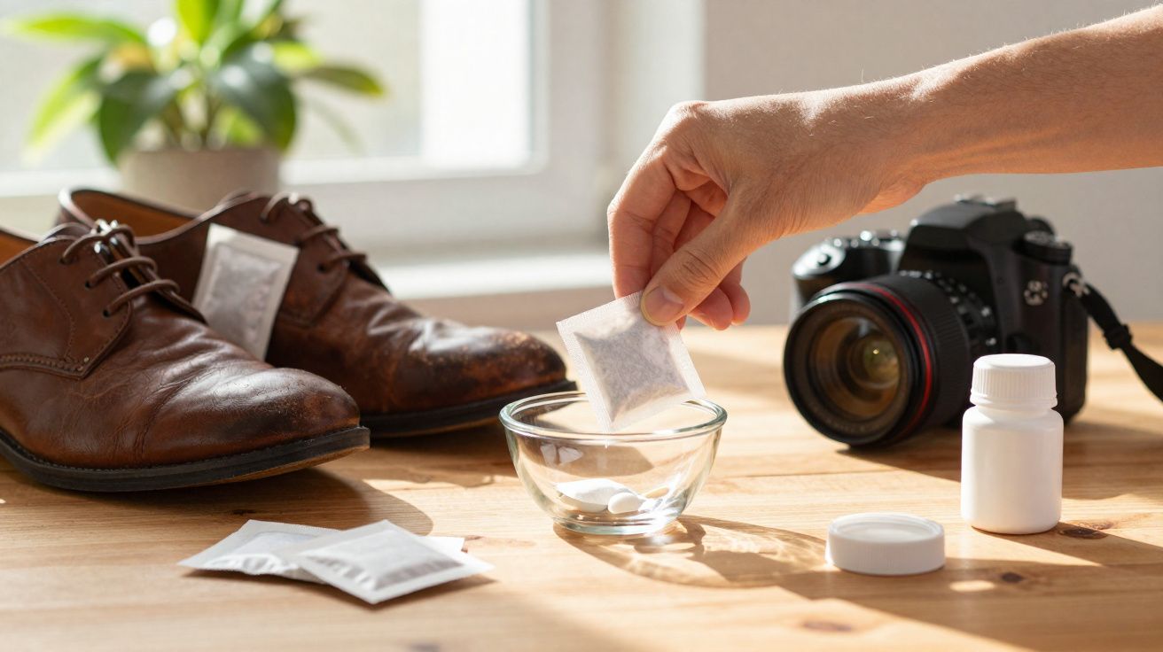 Mão segurando saquinho para desumidificar perto de sapatos, frasco de remédio e câmera sobre mesa de madeira.