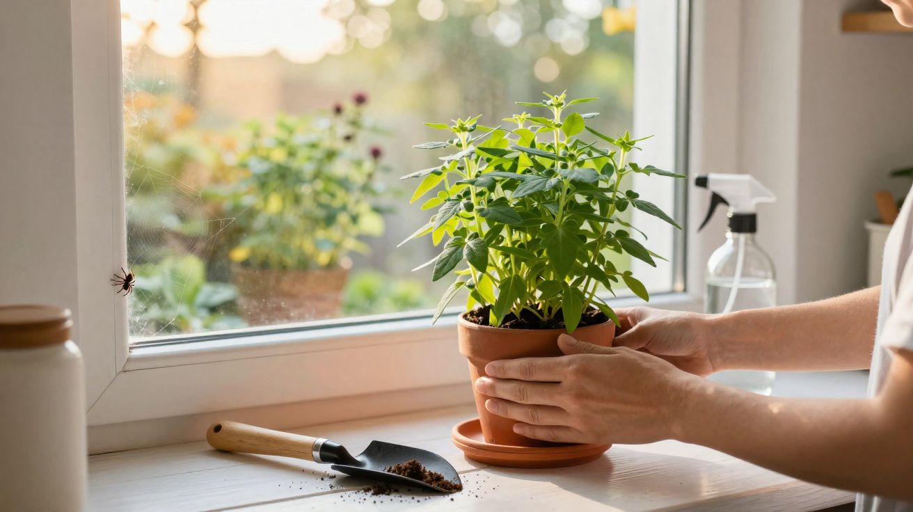 Mãos segurando vaso com planta junto à janela com aranhа na vidraça e ferramentas de jardinagem próximas.