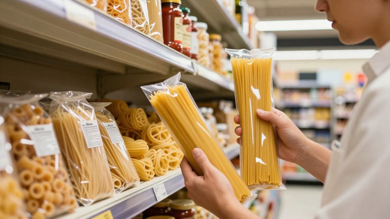Pessoa segurando dois pacotes de macarrão espaguete em supermercado, analisando produtos na prateleira.