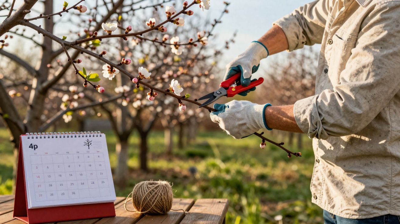 Pessoa podando galho florido com tesoura de poda em pomar, ao lado de calendário e novelo de linha.
