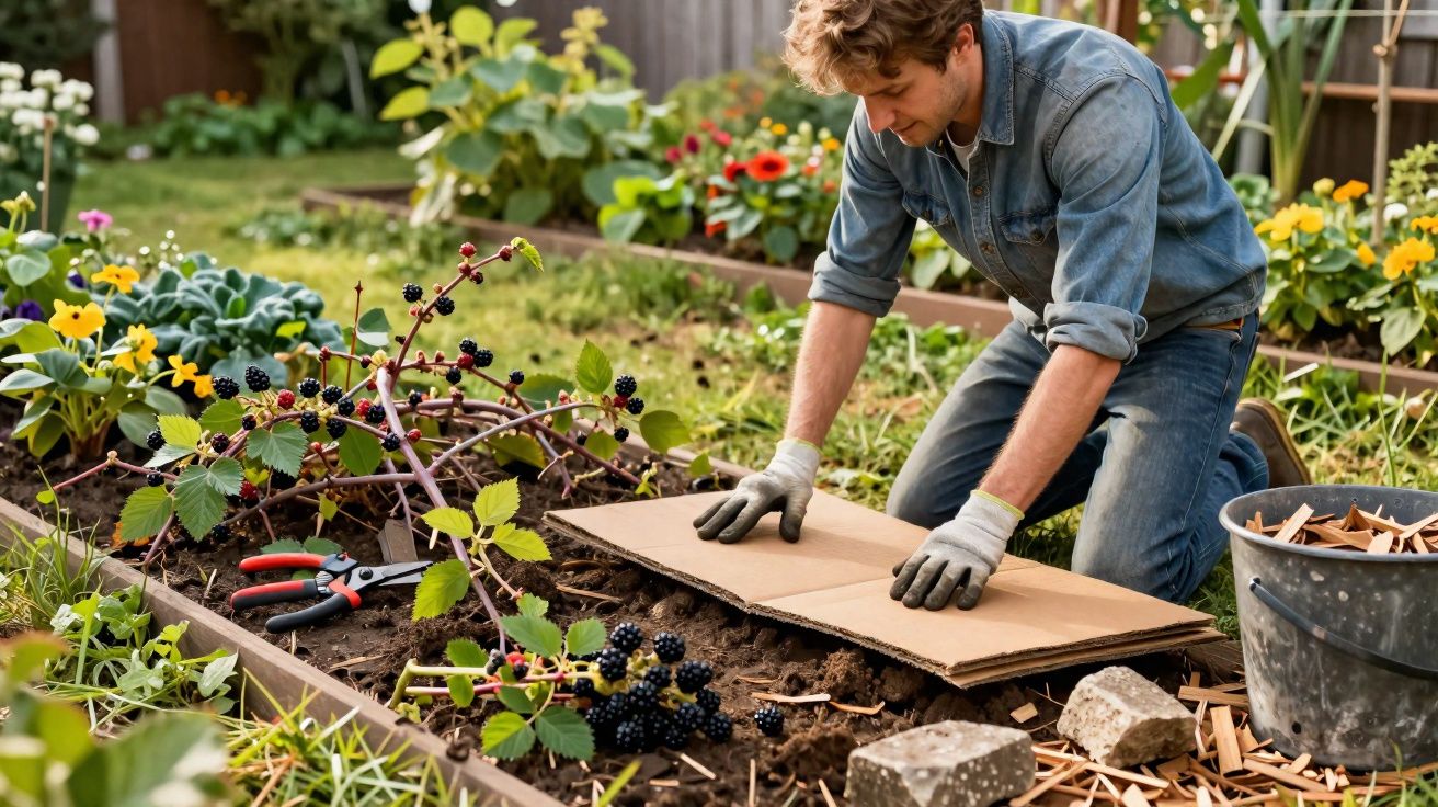 Homem com luvas plantando em canteiro de jardim usando papelão para proteger o solo.