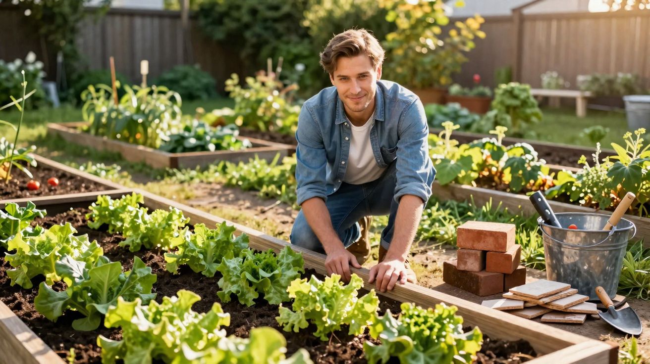 Jovem cuidando de hortaliças em canteiro de jardim com ferramentas e tijolos ao lado.