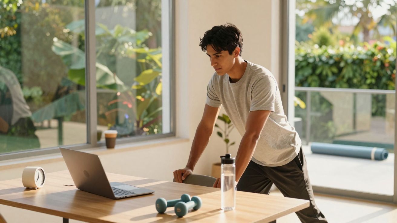 Jovem em roupa esportiva vê aula online de exercícios em laptop em ambiente iluminado e aberto.