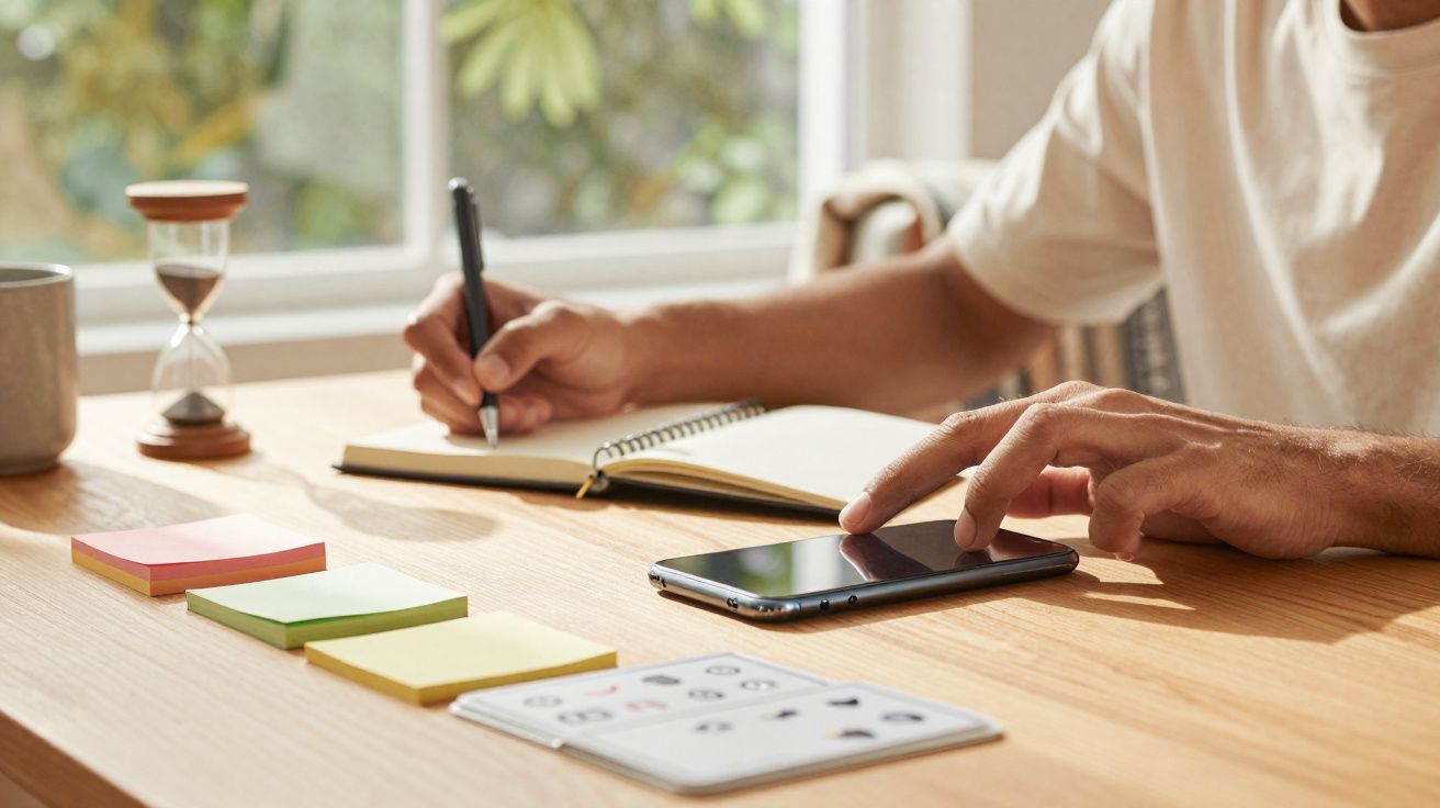 Pessoa escrevendo em caderno com smartphone na mesa ao lado de blocos de notas coloridos e ampulheta.