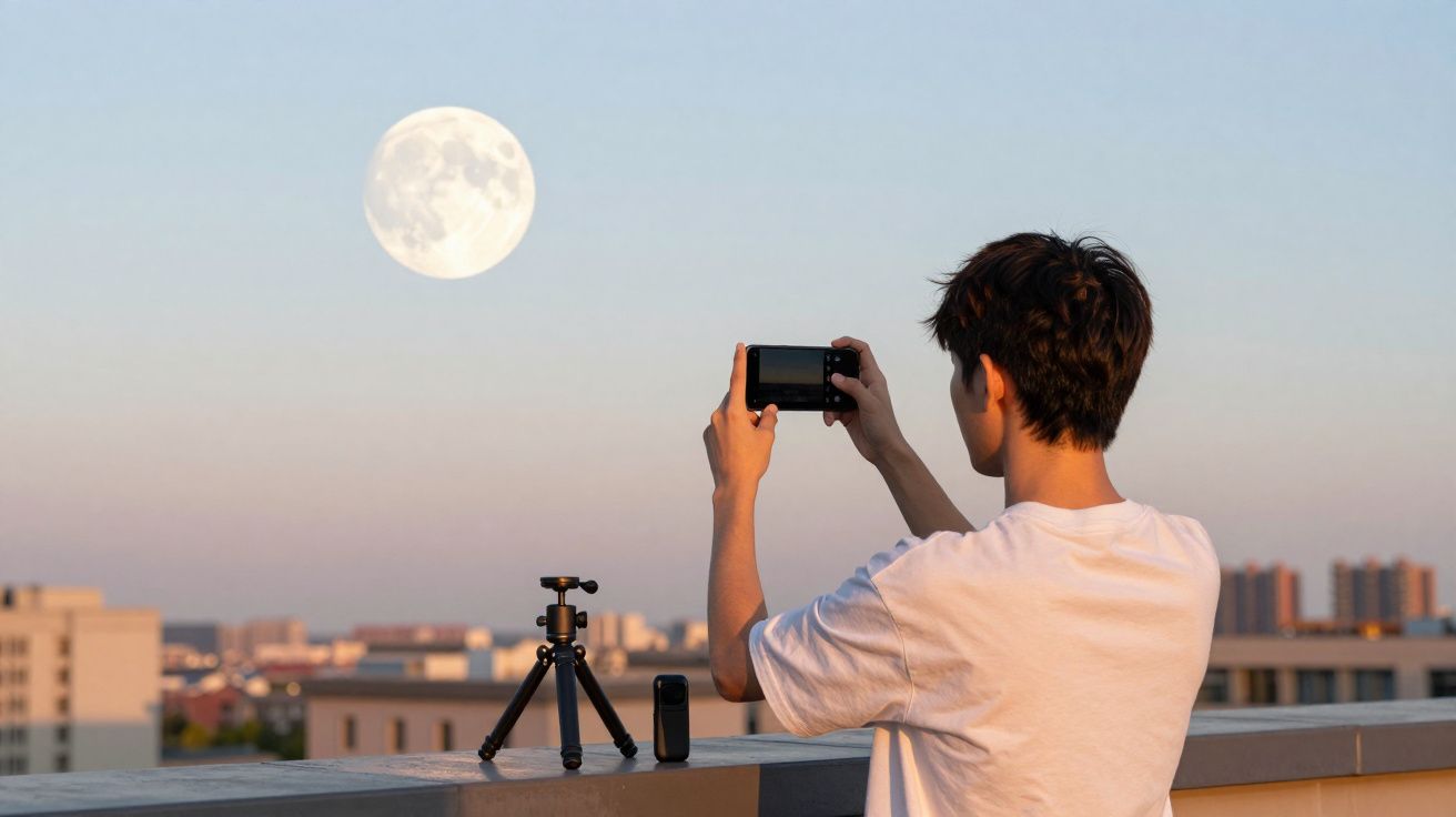 Jovem fotografa a lua cheia no céu ao entardecer com câmera digital em um terraço urbano.