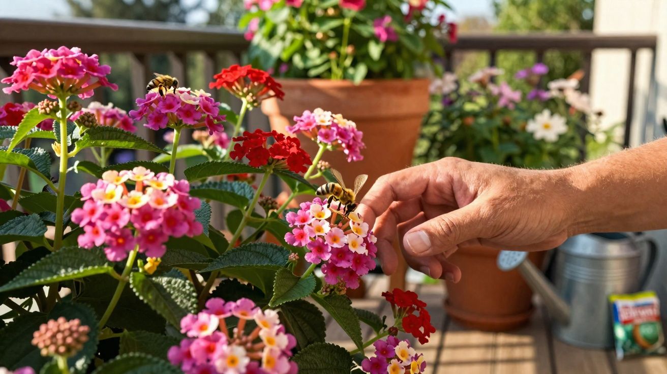 Mão masculina chegando perto de flores coloridas com abelhas pousadas em uma varanda ensolarada.