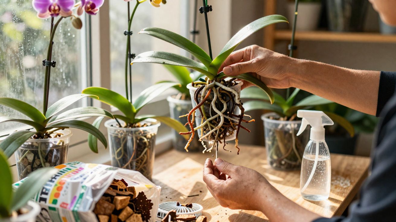 Pessoa cuidando das raízes de uma orquídea com vasos, substrato e borrifador sobre mesa iluminada.