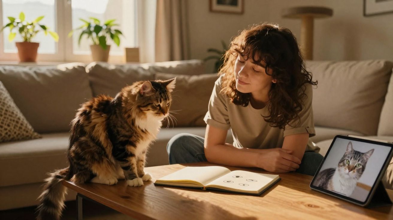 Mulher olhando para gato em mesa com caderno aberto e tablet mostrando imagem de outro gato.