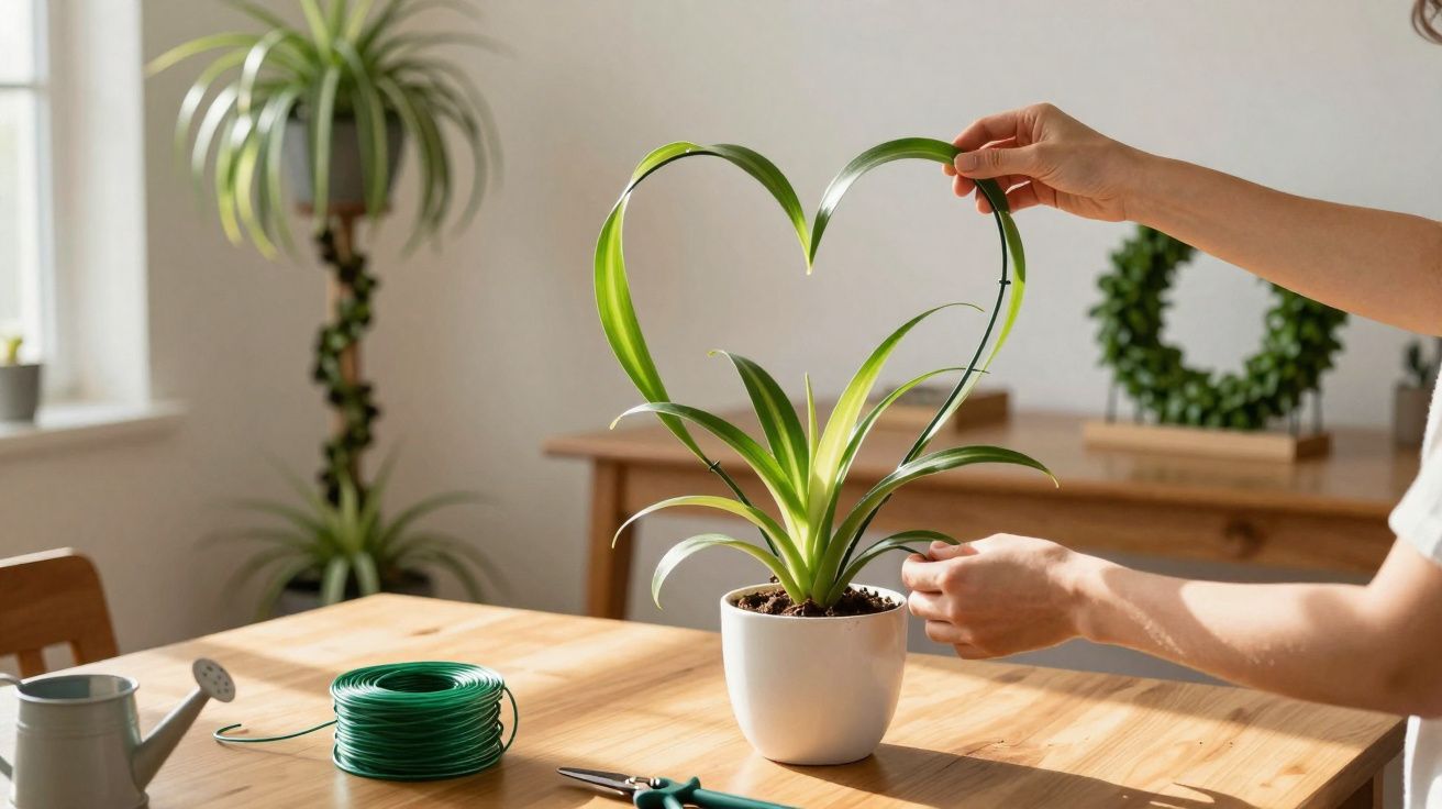 Mãos formando um coração com a folha de uma planta em vaso sobre mesa de madeira iluminada pelo sol.