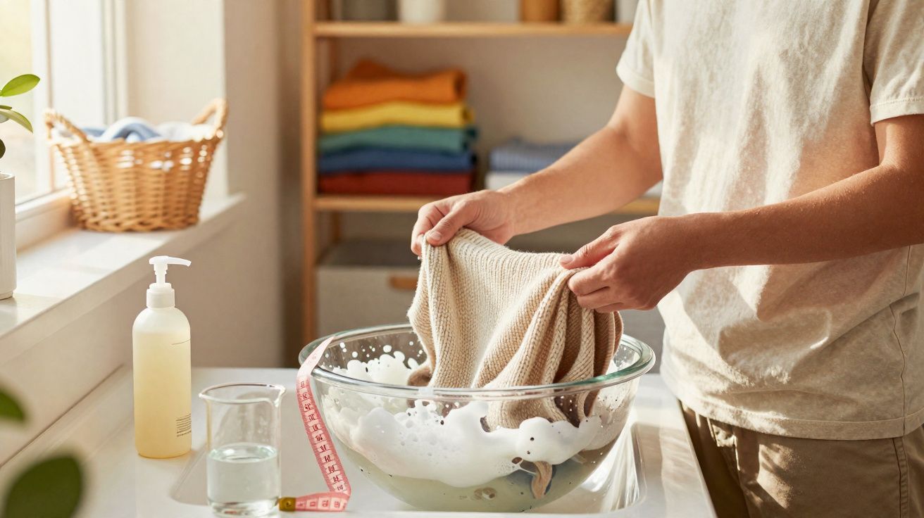 Pessoa lavando roupa de malha bege em bacia com espuma, com cesta e roupas dobradas ao fundo.
