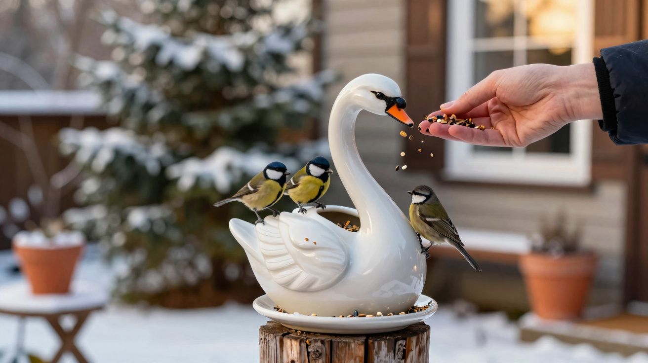 Mão alimentando passarinhos que estão pousados em comedouro branco em forma de cisne no jardim com neve.