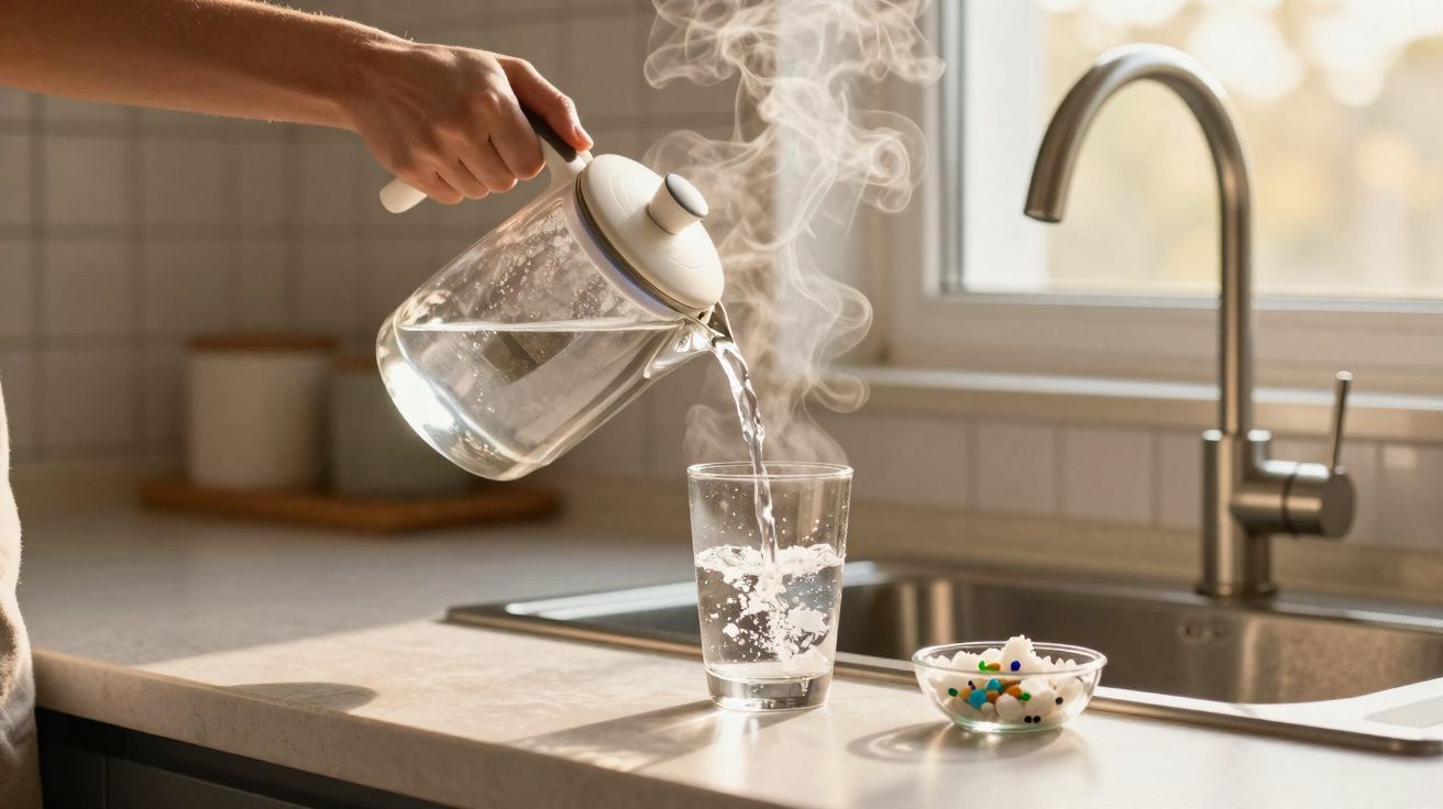 Mão despejando água quente em copo transparente na cozinha com vapor visível e tigela de doces ao lado.