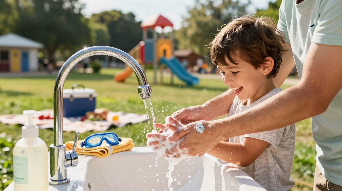 Criança sorrindo lavando as mãos com ajuda de um adulto em pia ao ar livre em parque.