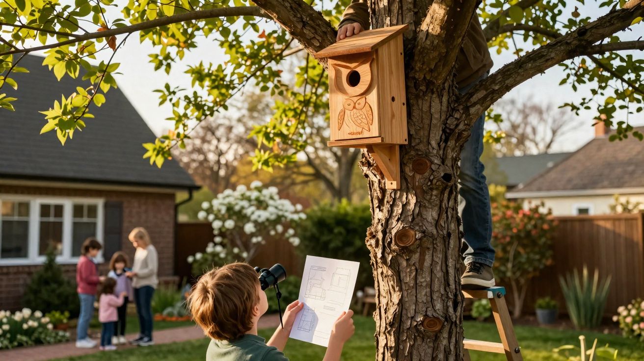 Criança segurando binóculos e planta de casa de pássaros enquanto adulto instala a casa em árvore no jardim.