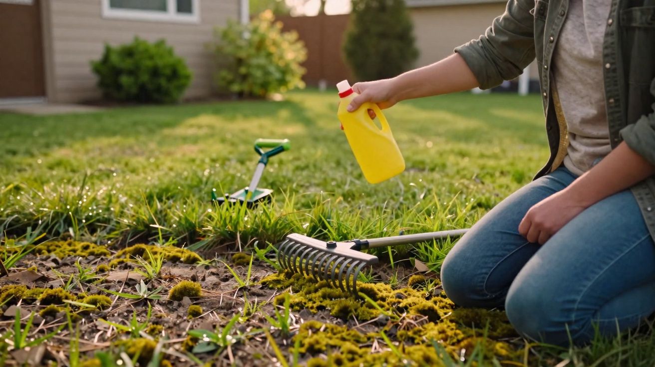 Pessoa de joelhos aplicando produto amarelo em área com grama e musgo, com ancinho e pá ao fundo no jardim.