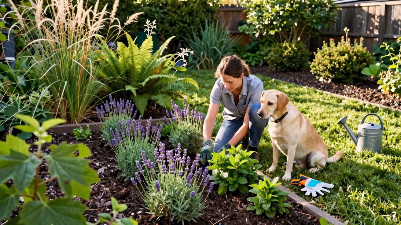 Mulher cuidando do jardim com flores roxas ao lado de um cachorro sentado no gramado.