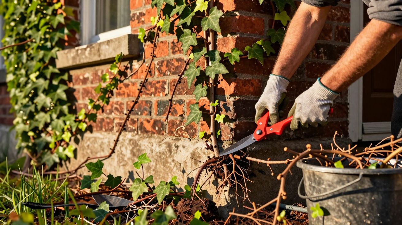 Pessoa podando trepadeira com luvas e tesoura de jardinagem próxima a parede de tijolos.