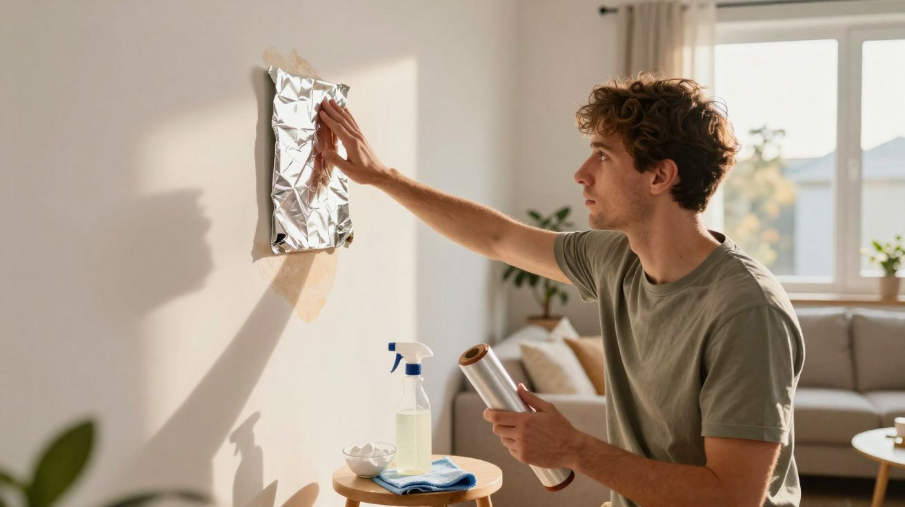 Homem aplicando papel alumínio numa parede branca em sala iluminada por janela.