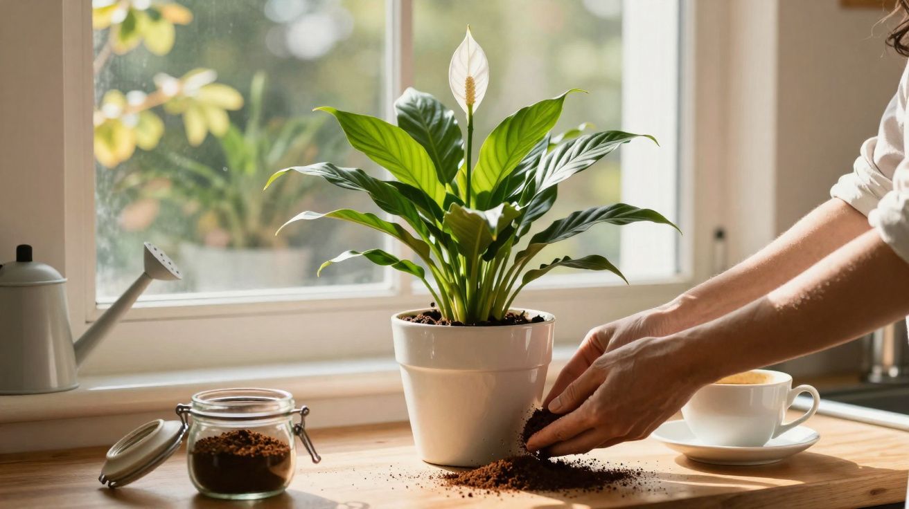 Mãos cuidando de planta em vaso branco, mexendo na terra, ao lado de café, pote e regador próximo à janela.