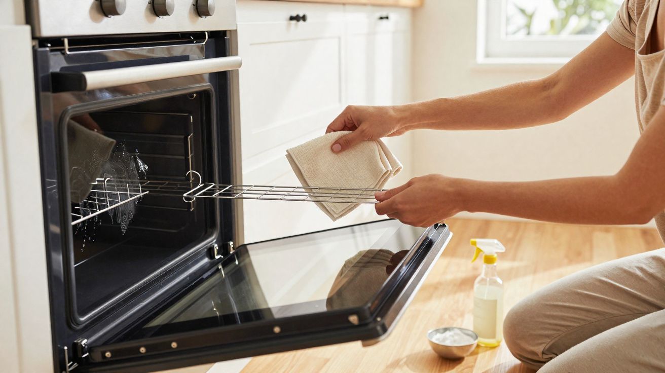 Pessoa limpando a grelha interna de um forno aberto com pano e produtos de limpeza ao lado.