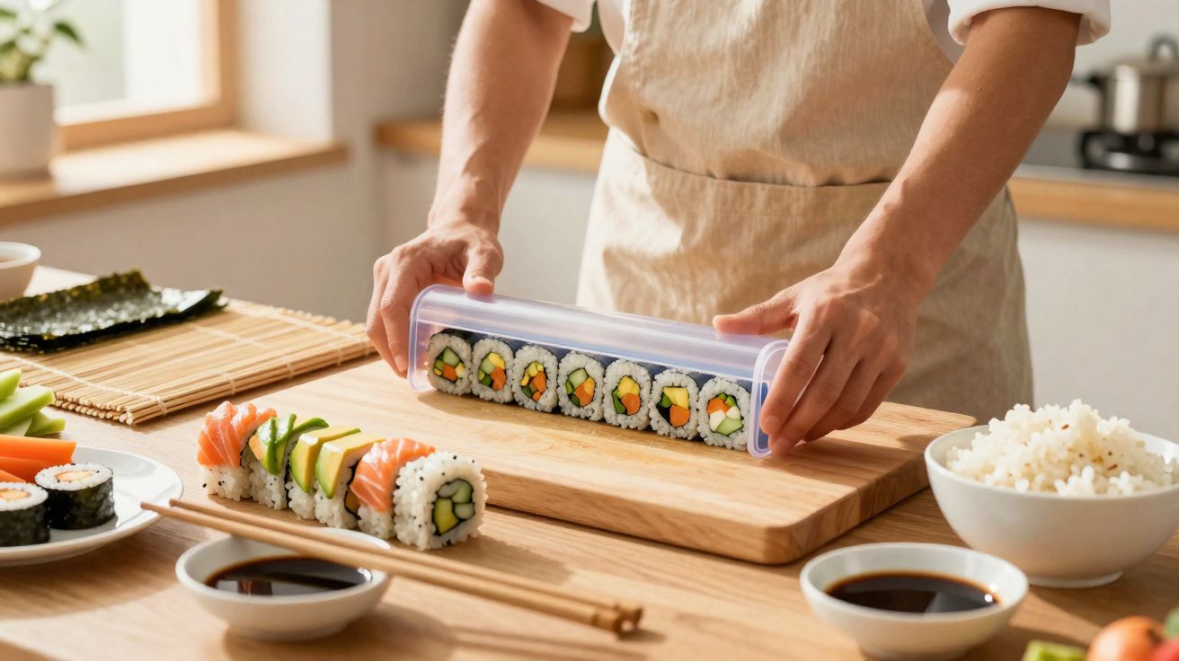 Pessoa usando molde para sushi enrolado com ingredientes variados em tábua de madeira na cozinha.