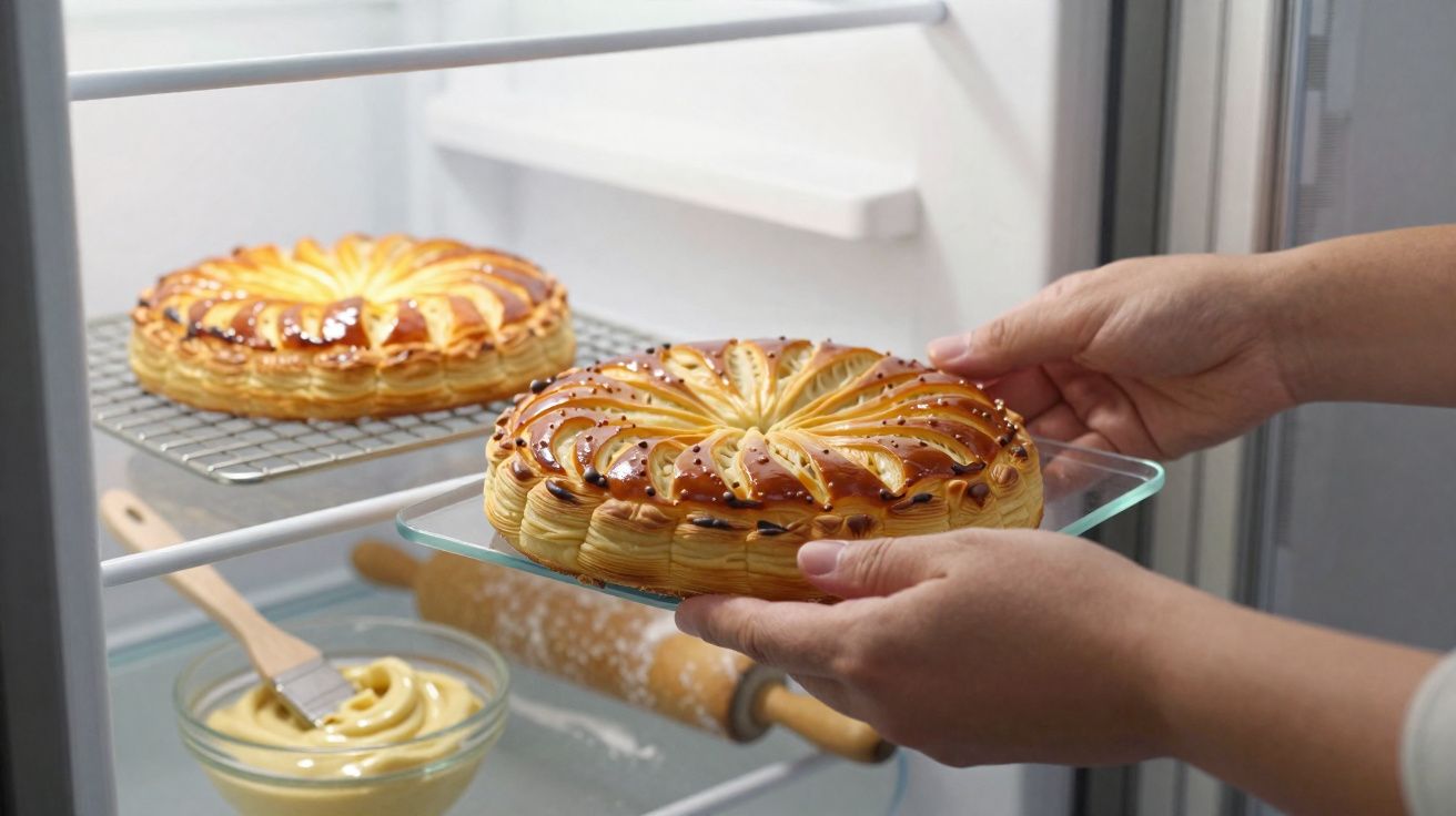 Mãos colocando torta dourada em prato dentro de geladeira com outra torta e creme à vista.