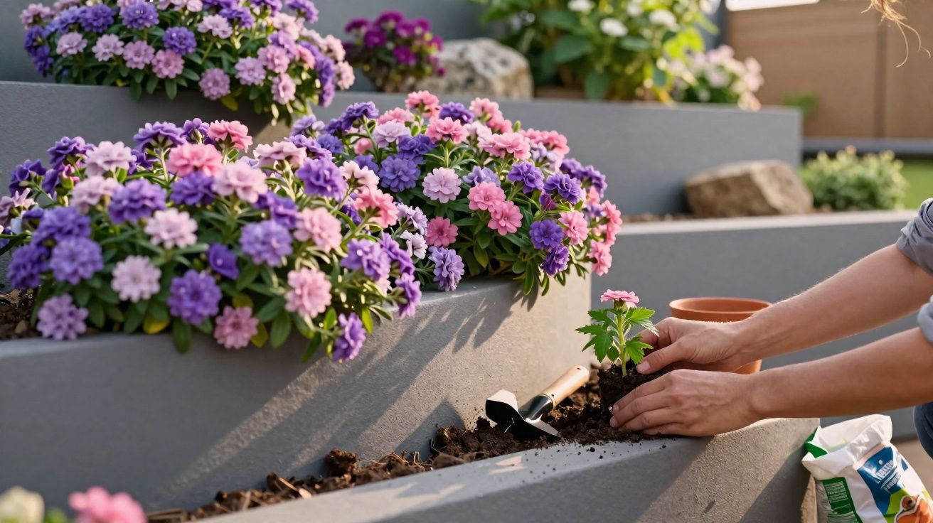 Pessoa plantando flor rosa em canteiro com flores roxas, rosas e lilases em jardim ensolarado.