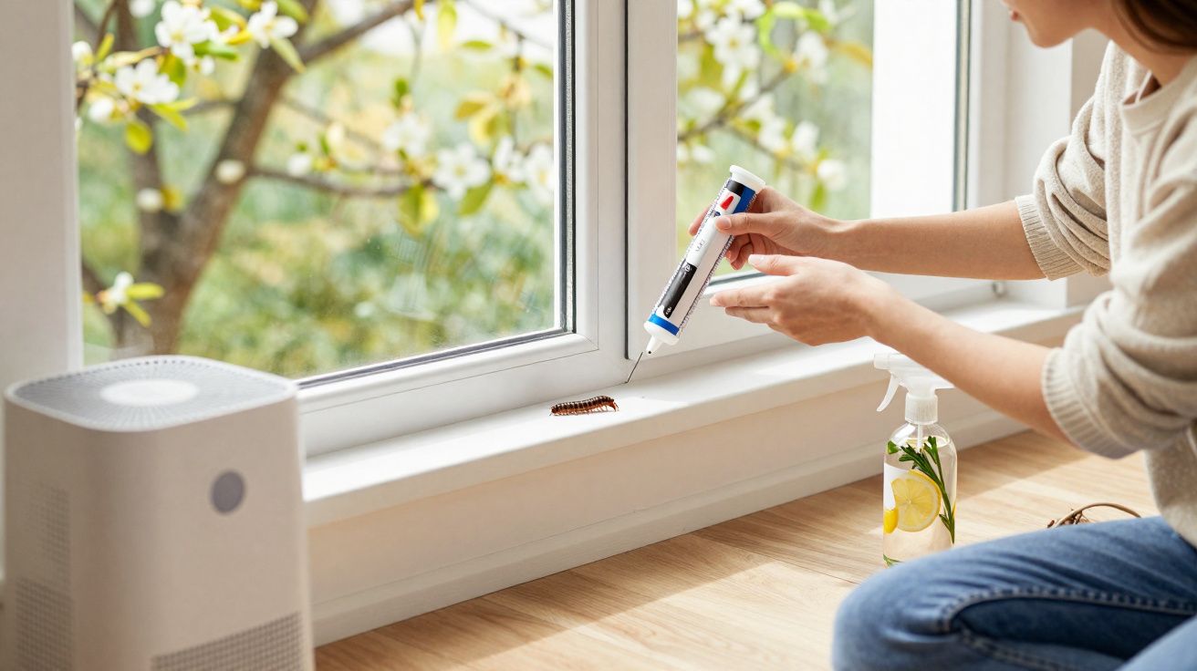 Pessoa aplicando inseticida em uma janela para eliminar uma barata preta no batente.