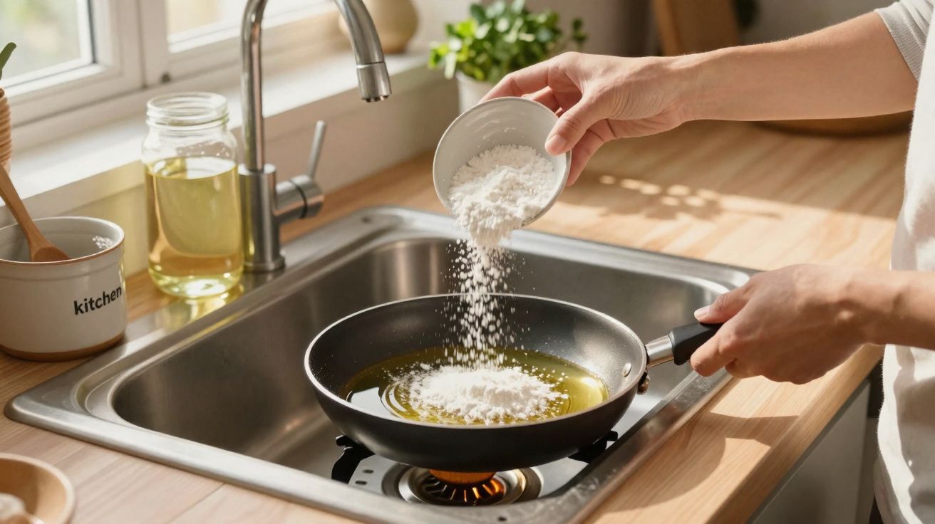 Mãos despejando farinha em frigideira com óleo sobre fogão embutido na pia da cozinha.