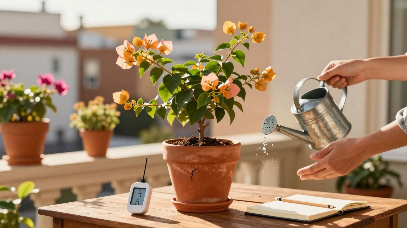 Pessoa regando planta com flores alaranjadas em vaso de barro sobre mesa de madeira com notebook aberto.