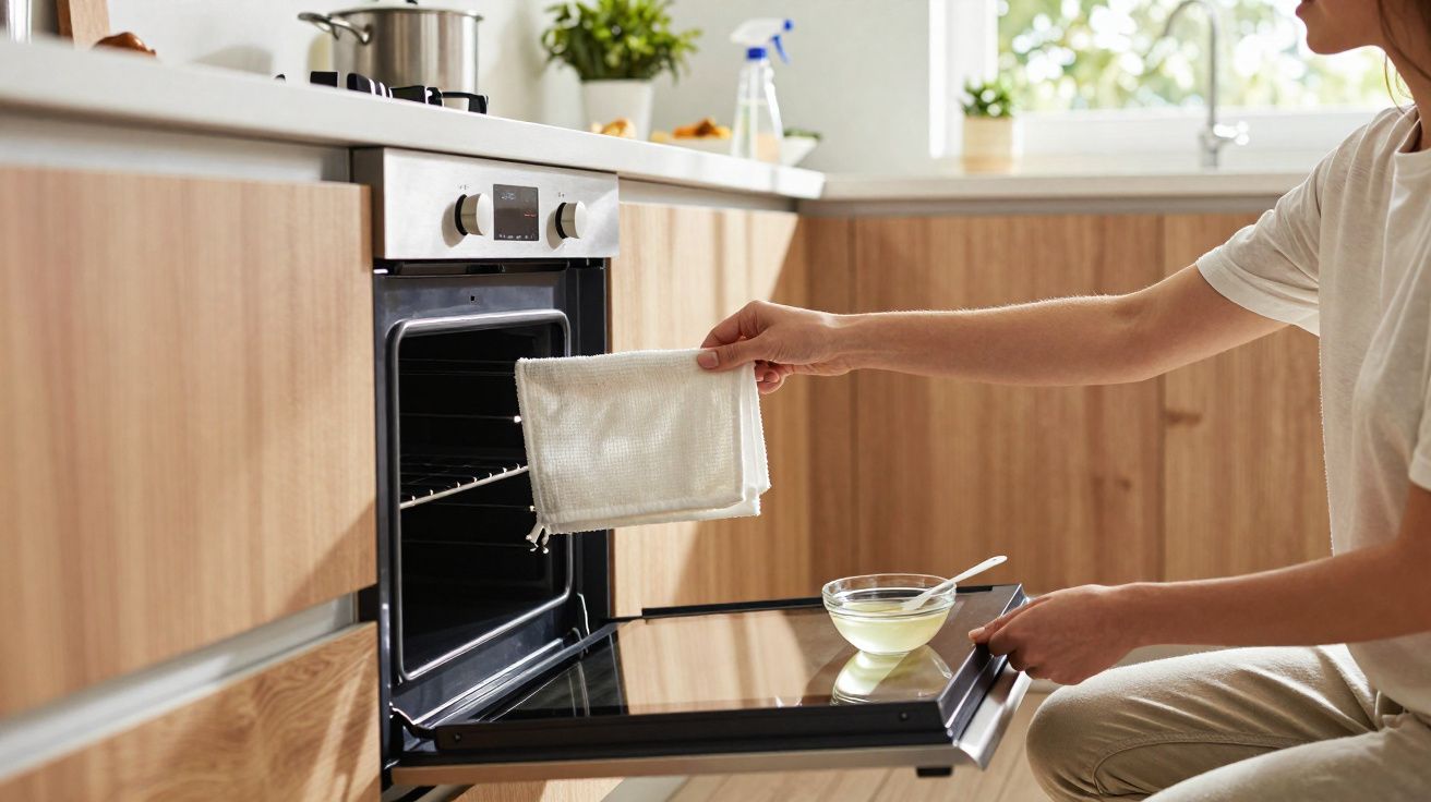 Pessoa usando pano para abrir forno elétrico em cozinha com armários de madeira clara.