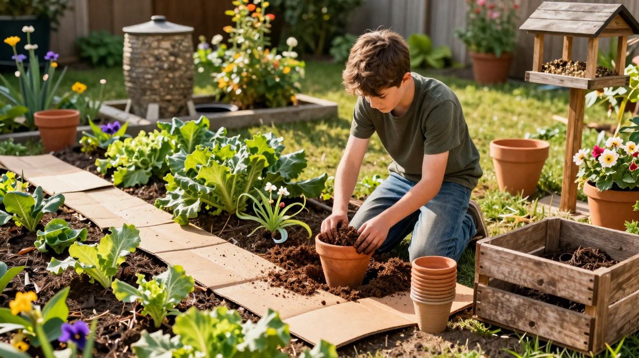 Menino ajoelhado plantando em vaso no jardim cercado por flores, plantas e ferramentas de jardinagem.