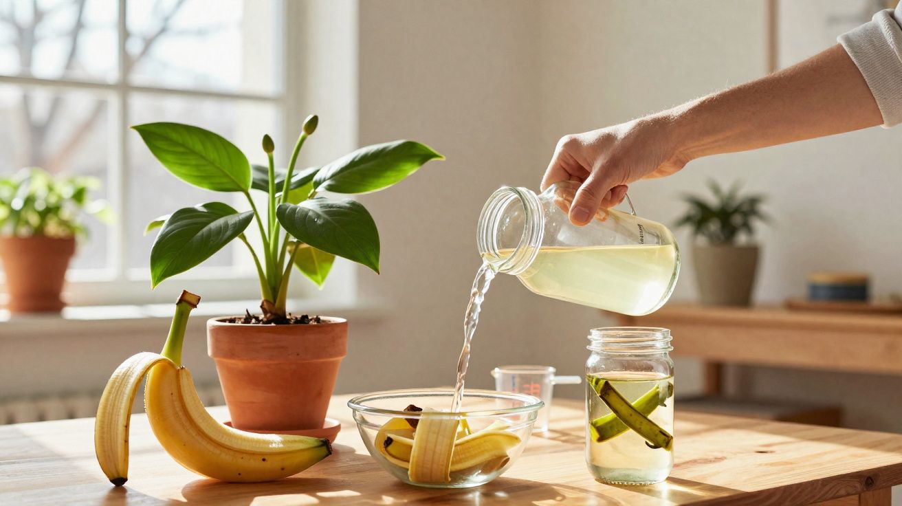 Mão despejando líquido em pote com pedaços de banana, bananas e planta em vaso sobre mesa de madeira.