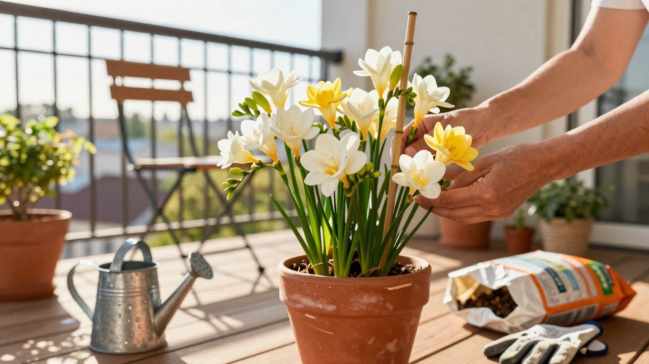 Mãos cuidando de flores amarelas e brancas em vaso de barro no deck de madeira ao ar livre.