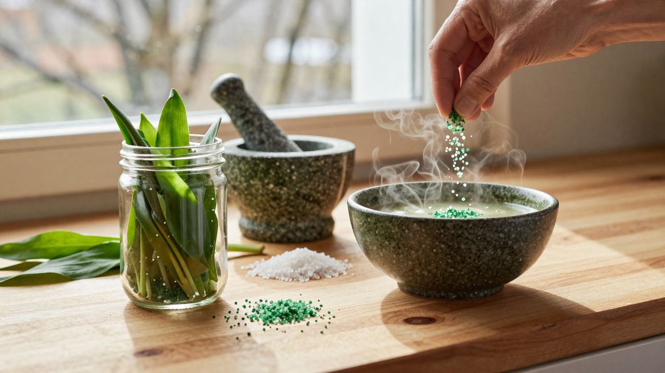Mão adiciona sal verde em tigela fumegante, com pilão, sal branco e folhas em pote de vidro.