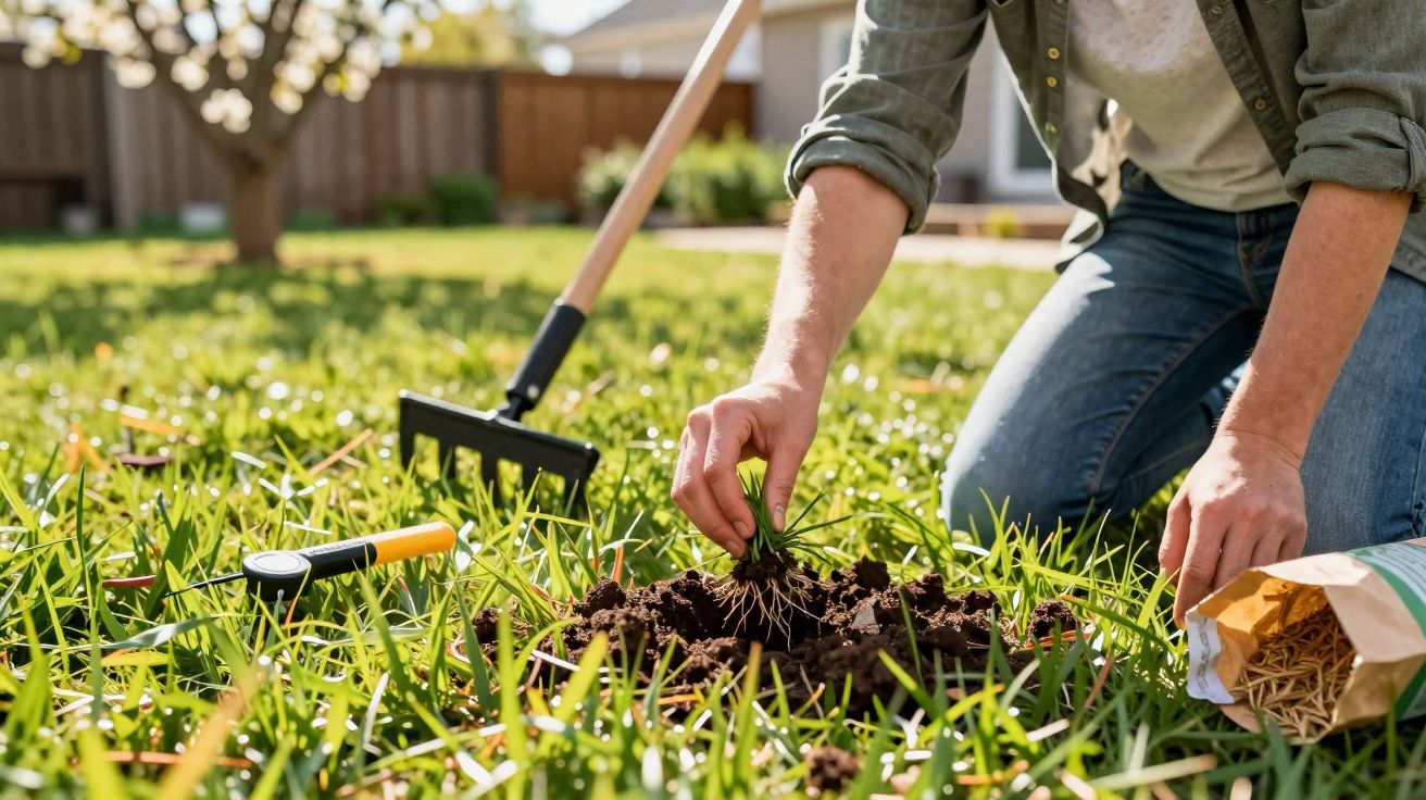Pessoa plantando mudas em um jardim com ferramentas de jardinagem ao redor na grama verde.