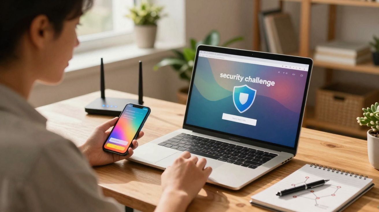 Pessoa segurando celular enquanto acessa desafio de segurança em notebook sobre mesa com caderno, caneta e roteador.
