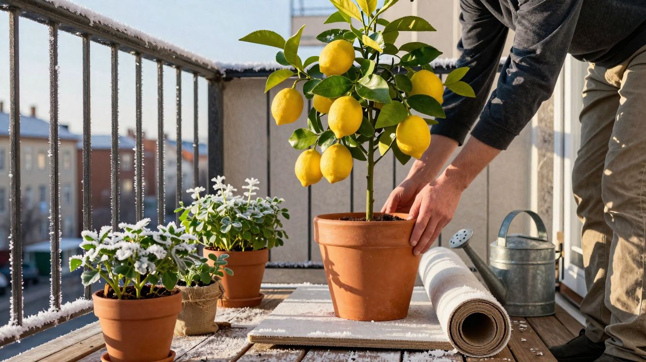 Pessoa cuidando de um vaso de limoeiro com frutas em varanda com geada nas plantas e chão de madeira.