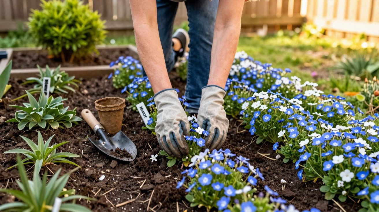Pessoa plantando flores azuis e brancas em jardim ensolarado, usando luvas e ferramentas de jardinagem.