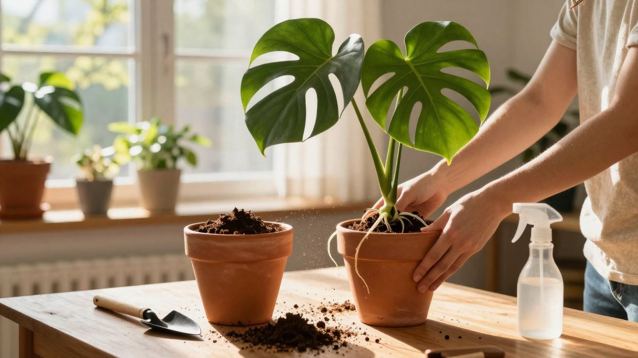 Pessoa transplantando planta Monstera em vaso de cerâmica em mesa de madeira iluminada por janela.