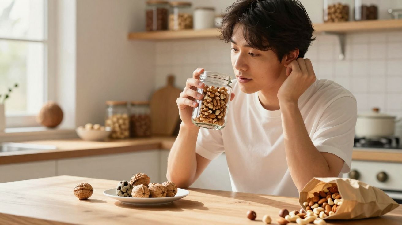 Jovem segurando pote de vidro com amendoins em cozinha iluminada, com nozes e castanhas sobre mesa.
