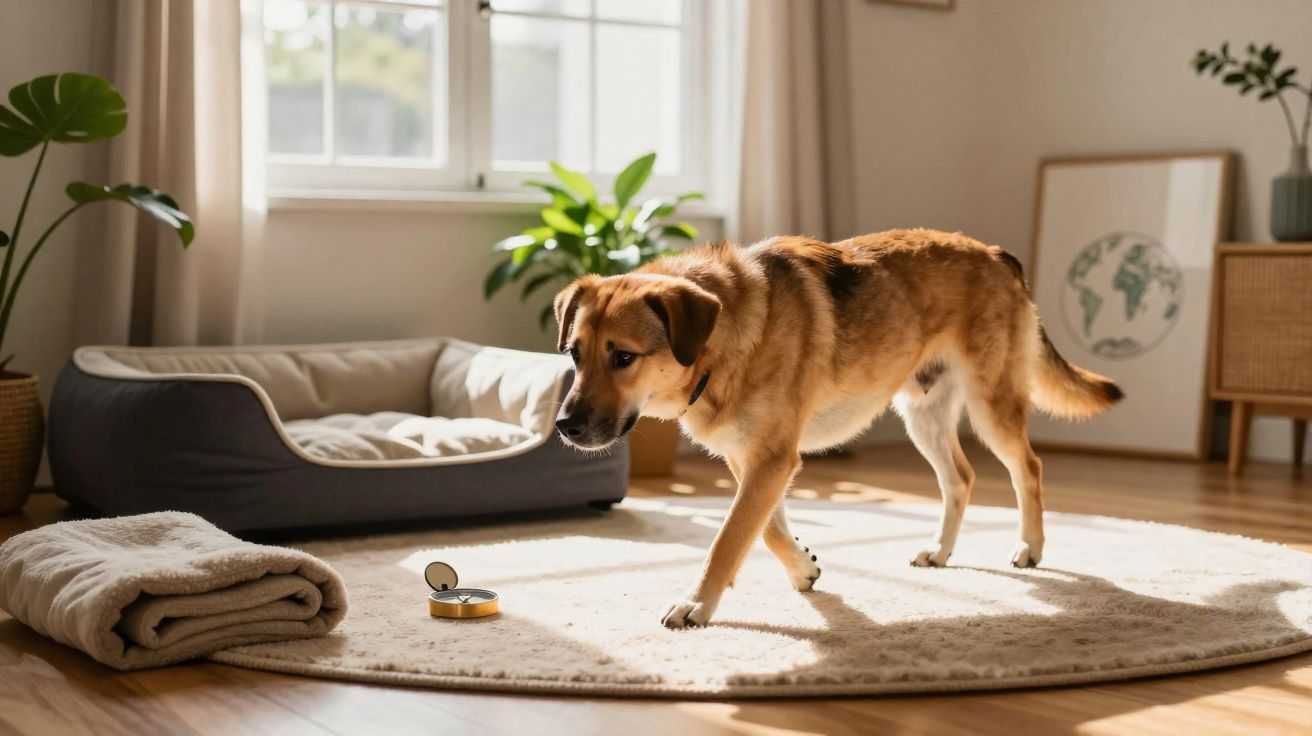 Cachorro marrom claro caminhando em sala iluminada próximo a caminha, planta e toalha dobrada.