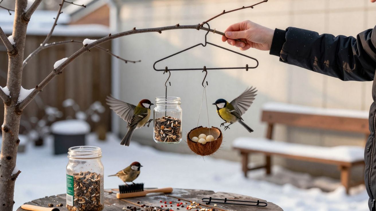 Alimentador artesanal pendurado com sementes atraindo pássaros em ambiente de inverno com neve.