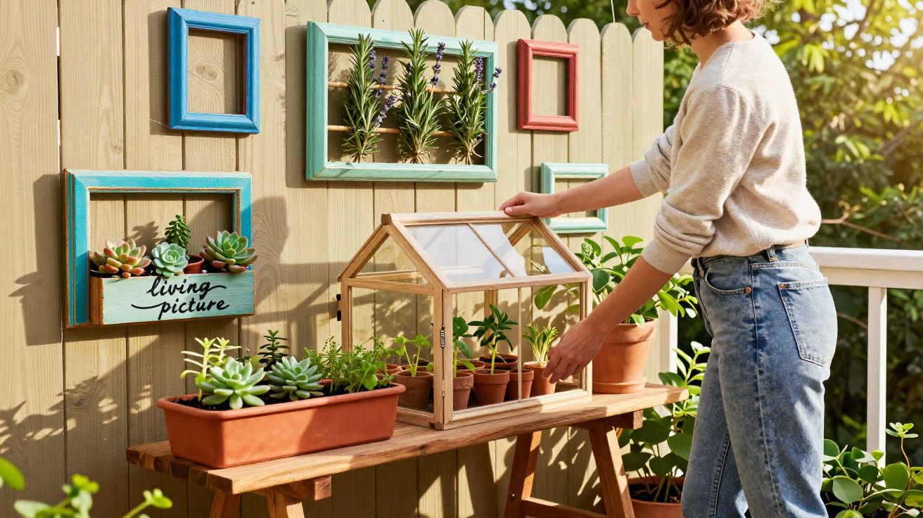 Mulher cuidando de plantas em miniestufa e vasos em mesa de madeira ao ar livre, com molduras decorativas na cerca.