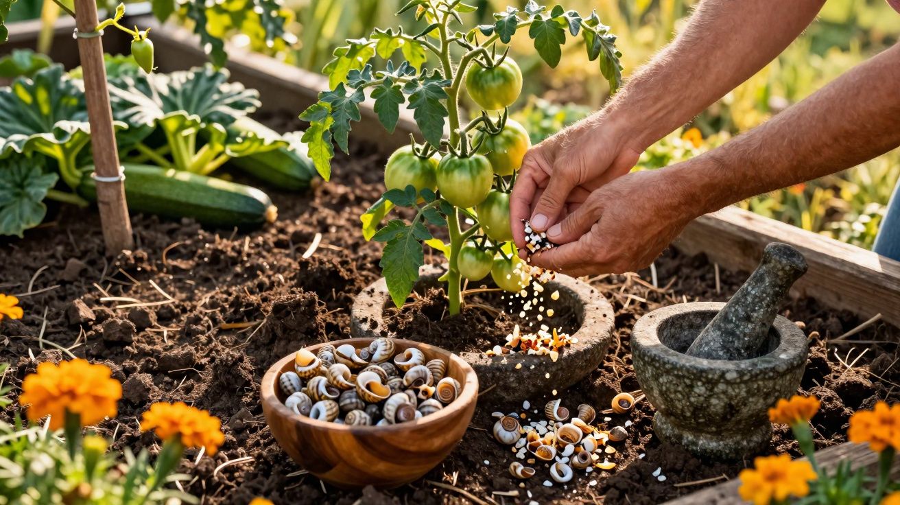 Mãos espalhando ingredientes sobre planta de tomate em jardim com tigela de caracóis e almofariz.